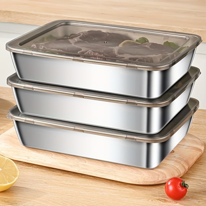 Stainless Steel Food Storage Container with Cover, Rectangle Dish, Noodles Tray, Lunch Box, Refrigerator Organizer