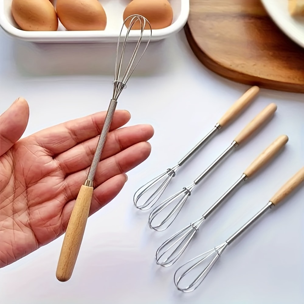 Whisk With Solid Wood Handle Mini Stainless Steel Egg Beater For Blending And Beating Kitchen Milk 0