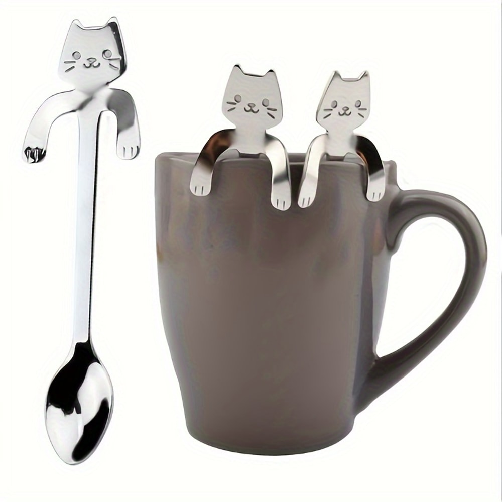 Stainless Steel Coffee Spoon Cute Cat Shape Teaspoon Ice Cream Mini Spoons 0