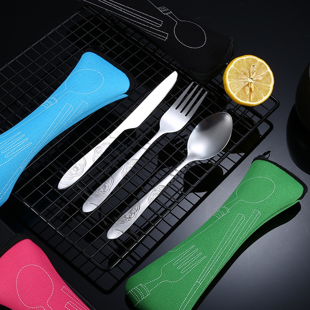 Travel Camping Spoon Picnic Set Zippered Travel Tableware Kit With Cleaning Carrying Bag For Househ 1