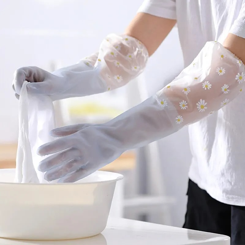 Durable Household Womens Kitchen Dishwashing Gloves Extended Waterproof Cleaning Rubber Gloves For 0