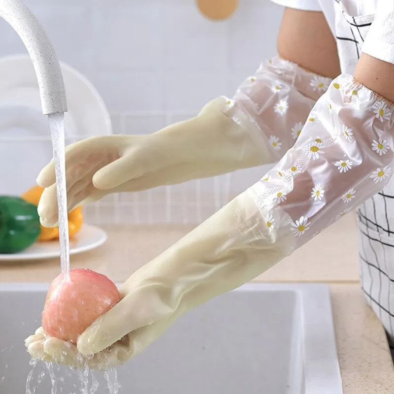 Durable Household Womens Kitchen Dishwashing Gloves Extended Waterproof Cleaning Rubber Gloves For 2