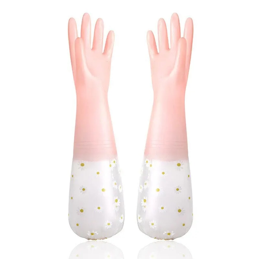Durable Household Womens Kitchen Dishwashing Gloves Extended Waterproof Cleaning Rubber Gloves For 4