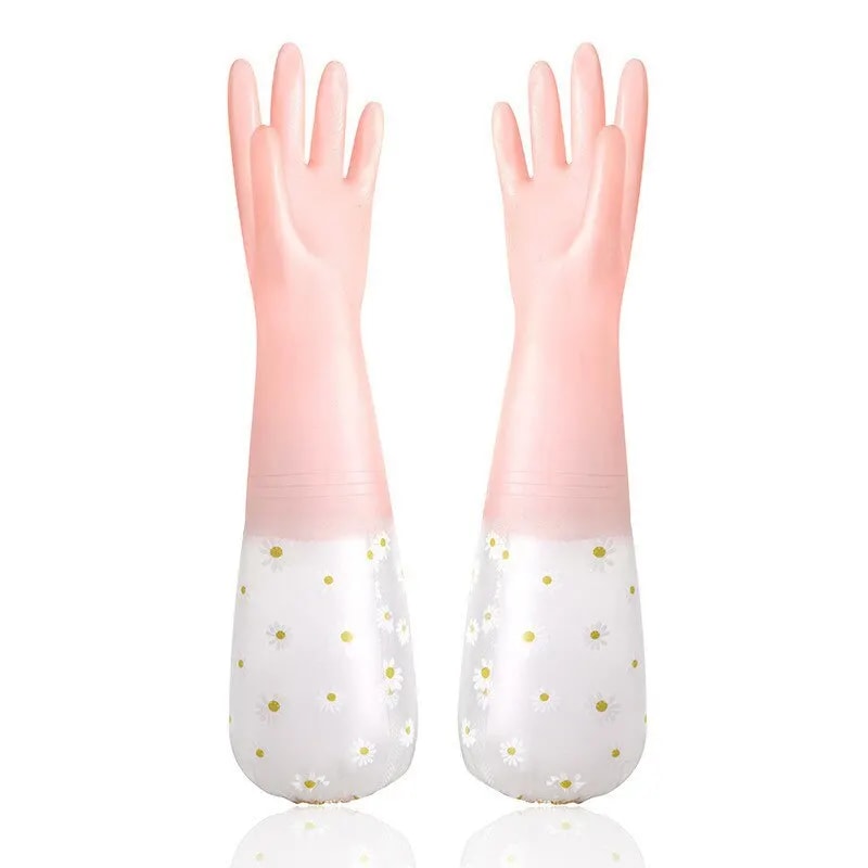 Durable Household Womens Kitchen Dishwashing Gloves Extended Waterproof Cleaning Rubber Gloves For 4