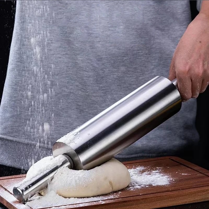 Nonstick Stainless Steel Rolling Pin Kitchen Baking Tools Pizza Roller With Handle For Smooth Flour 2