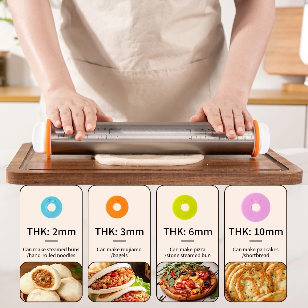 Stainless Steel Adjustable Rolling Pin, Thickness Rings, Dough Roller for Pizza Cookie Baking Tools