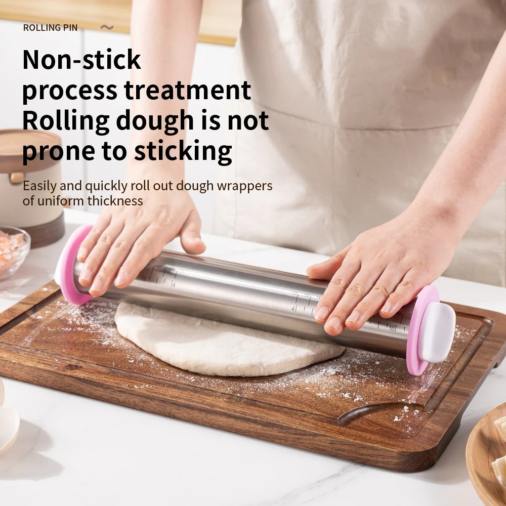 Stainless Steel Adjustable Rolling Pin, Thickness Rings, Dough Roller for Pizza Cookie Baking Tools