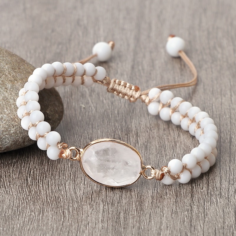 Vintage Design White Bracelet Mini Stone Glass Beads Howlite Handmade Braided Bangles For Women Men 0