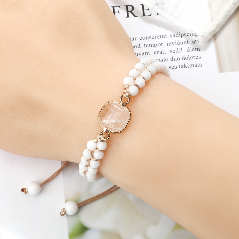 Vintage Design White Bracelet Mini Stone Glass Beads Howlite Handmade Braided Bangles For Women Men 2