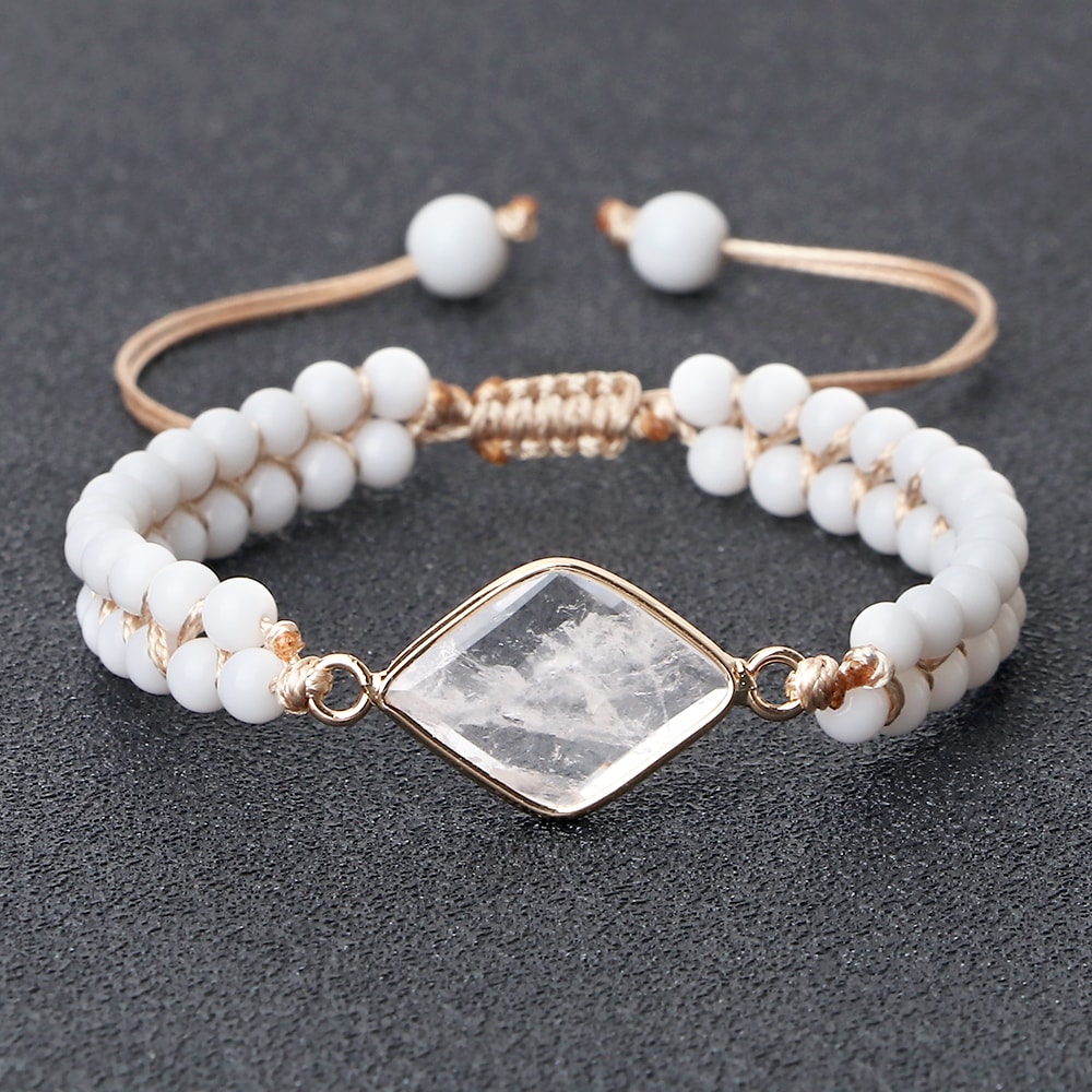 Vintage Design White Bracelet Mini Stone Glass Beads Howlite Handmade Braided Bangles For Women Men 3