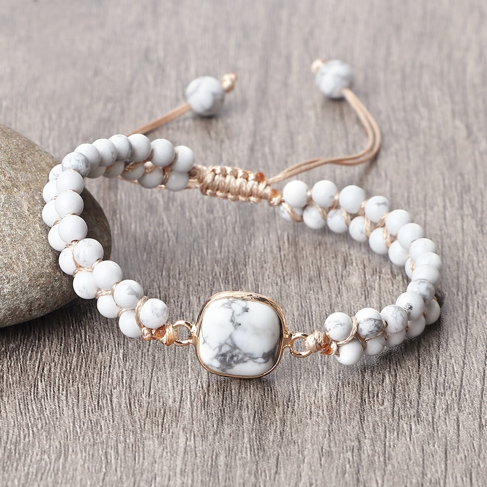 Vintage Design White Bracelet Mini Stone Glass Beads Howlite Handmade Braided Bangles For Women Men 6