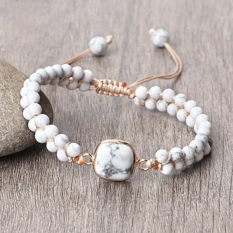 Vintage Design White Bracelet Mini Stone Glass Beads Howlite Handmade Braided Bangles For Women Men 6
