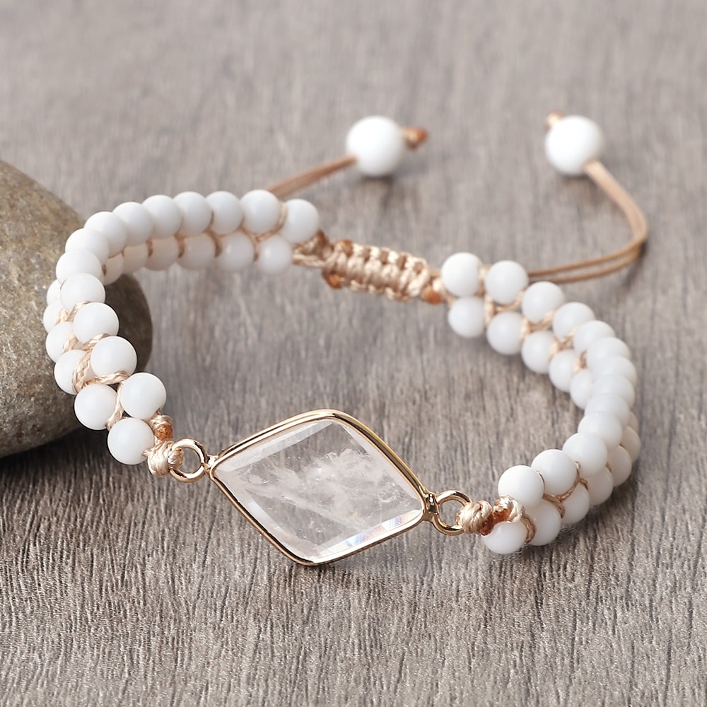 Vintage Design White Bracelet Mini Stone Glass Beads Howlite Handmade Braided Bangles For Women Men 8