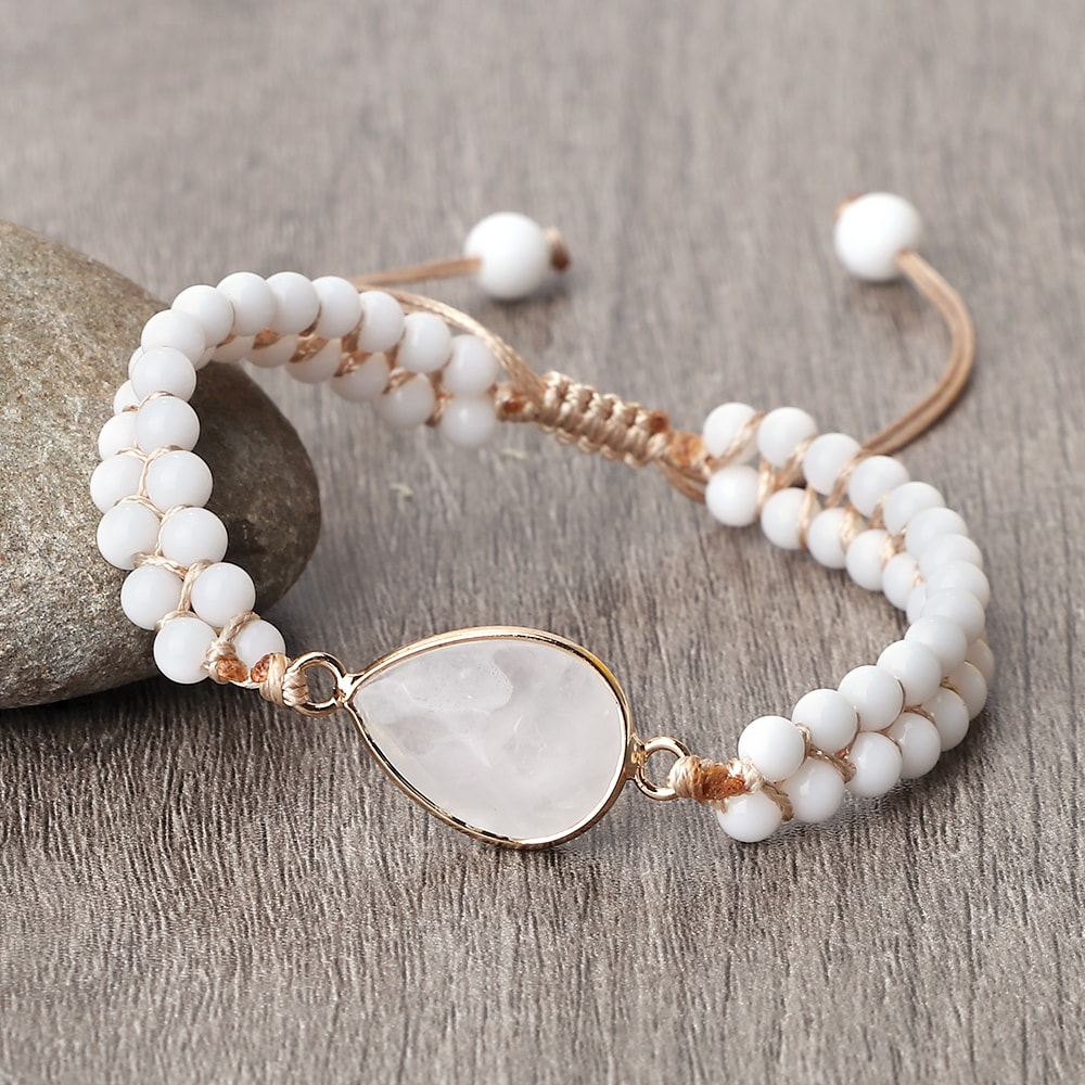 Vintage Design White Bracelet Mini Stone Glass Beads Howlite Handmade Braided Bangles For Women Men 9