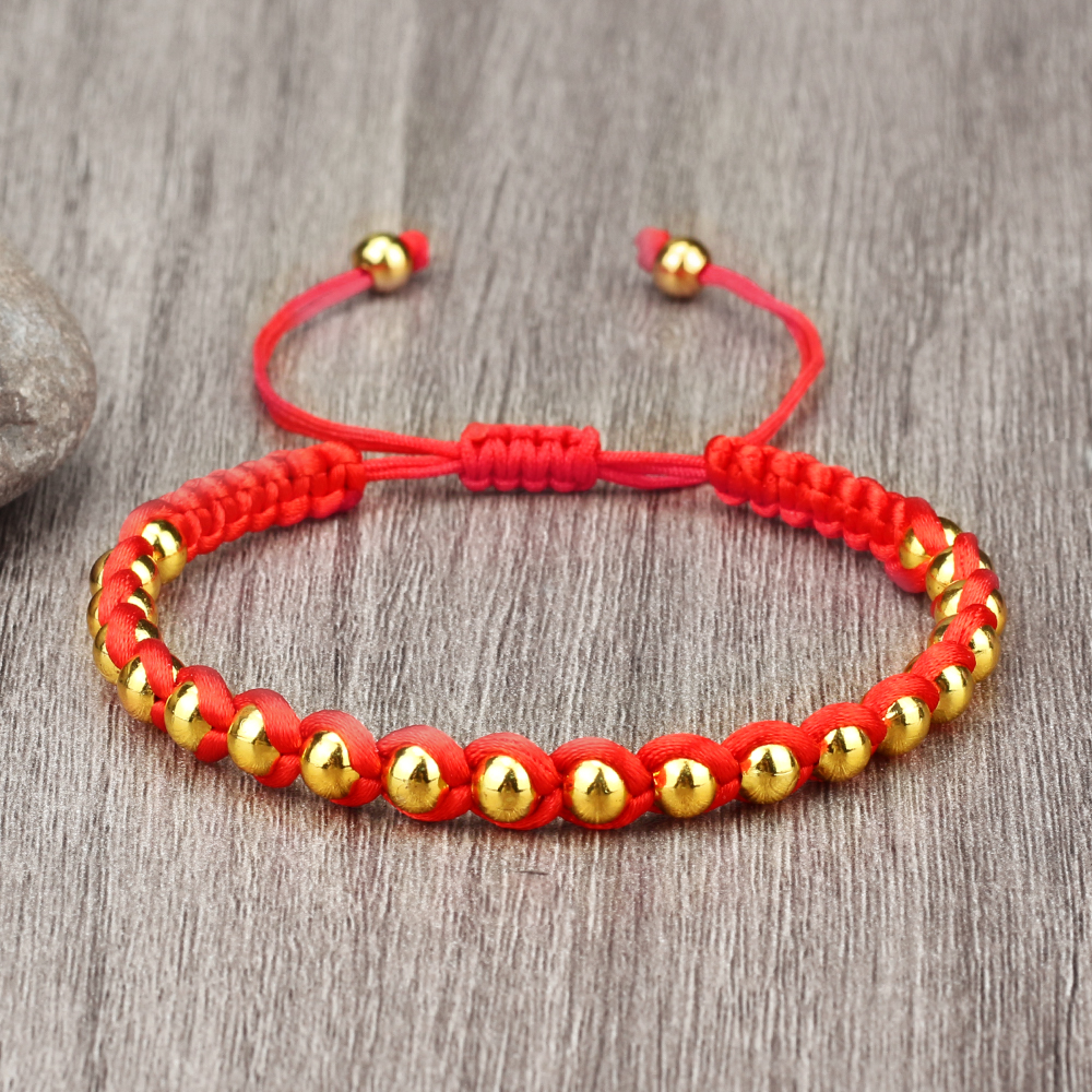 Lucky Red Rope Braided Bracelets with Gold Silver Color Copper Beads Unisex Handmade Adjustable Wristbands