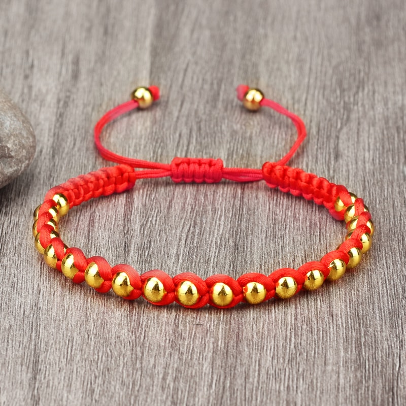 Lucky Red Rope Braided Bracelets with Gold Silver Color Copper Beads Unisex Handmade Adjustable Wristbands