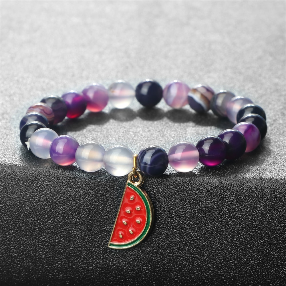 Natural Striped Agate Stone Bracelet Energy Healing Beads With Watermelon Pendant Charm For Women A 1