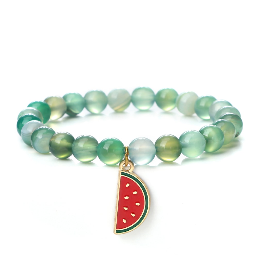 Natural Striped Agate Stone Bracelet Energy Healing Beads With Watermelon Pendant Charm For Women A 6
