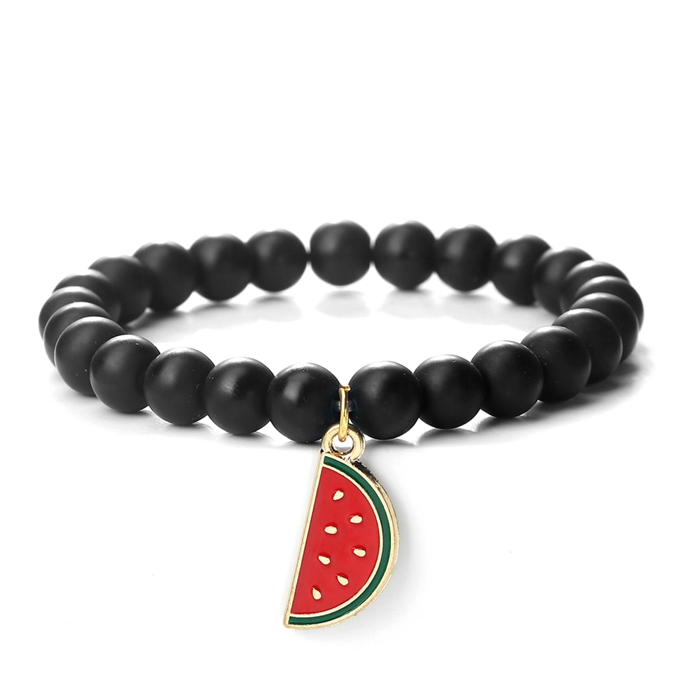 Natural Striped Agate Stone Bracelet Energy Healing Beads With Watermelon Pendant Charm For Women A 12