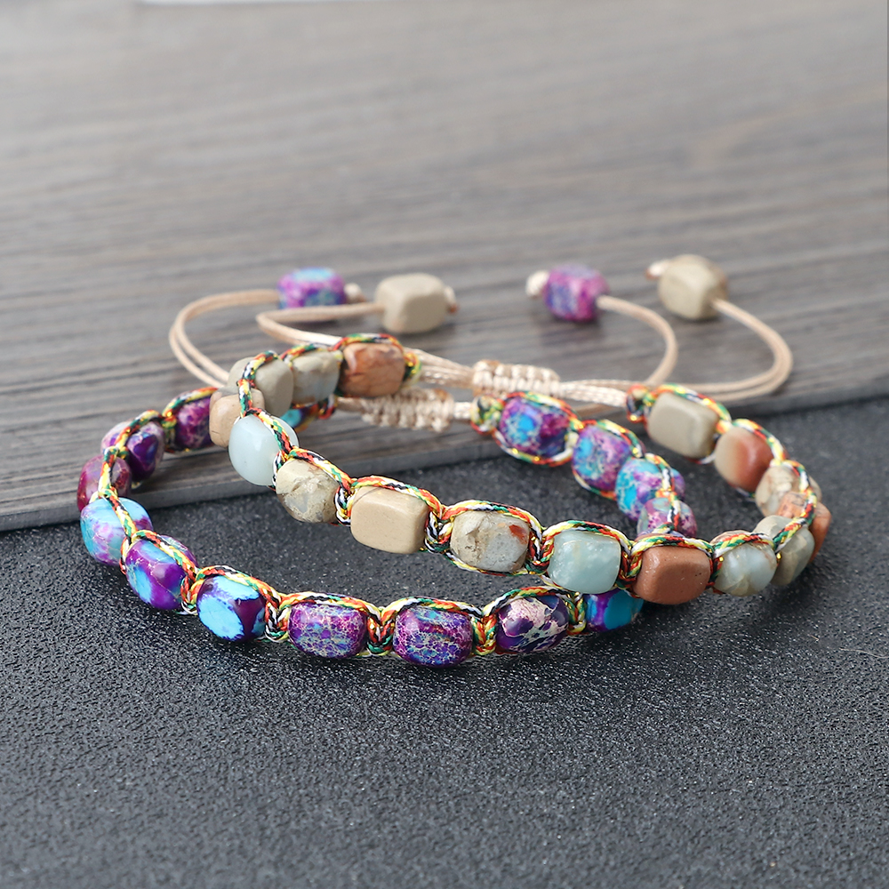 Natural Stone Square Beads Bracelets For Women And Men Braided Rope Handmade Adjustable Bangles 3