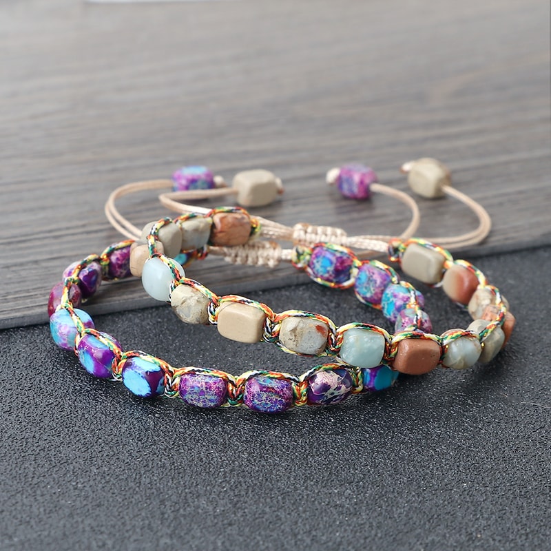 Natural Stone Square Beads Bracelets For Women And Men Braided Rope Handmade Adjustable Bangles 3