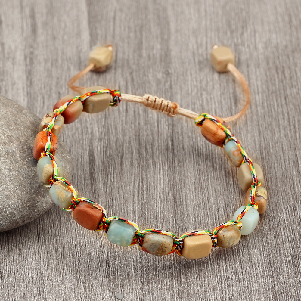 Natural Stone Square Beads Bracelets For Women And Men Braided Rope Handmade Adjustable Bangles 9