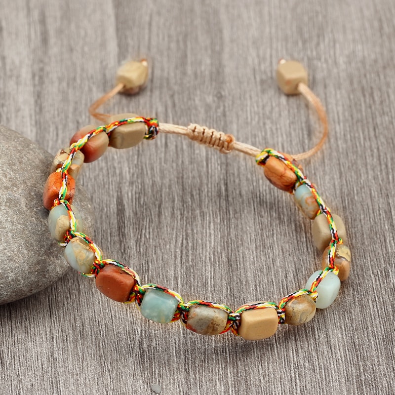 Natural Stone Square Beads Bracelets For Women And Men Braided Rope Handmade Adjustable Bangles 9