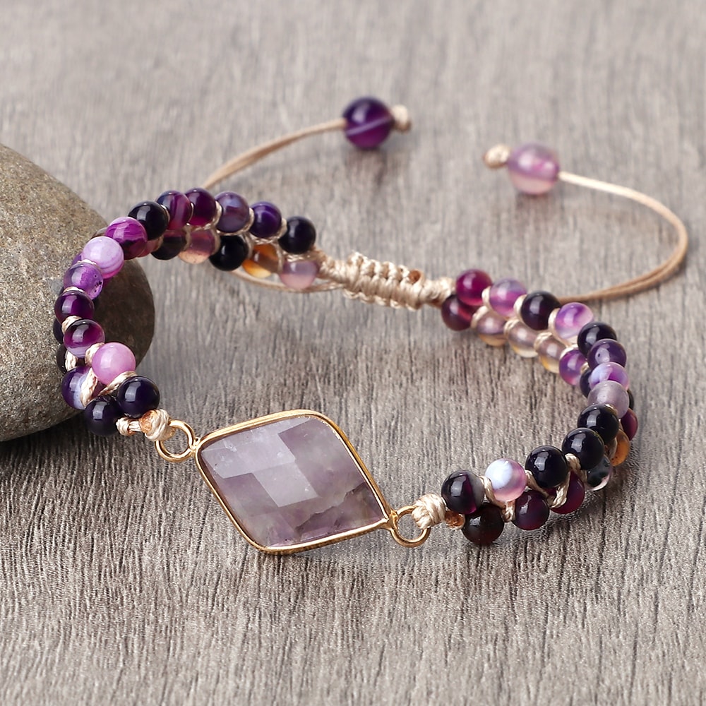 Purple Crystal Agate Stone Wrap Bracelet Yoga Beaded Charm Bracelet For Women And Men Bohemian Jewe 6
