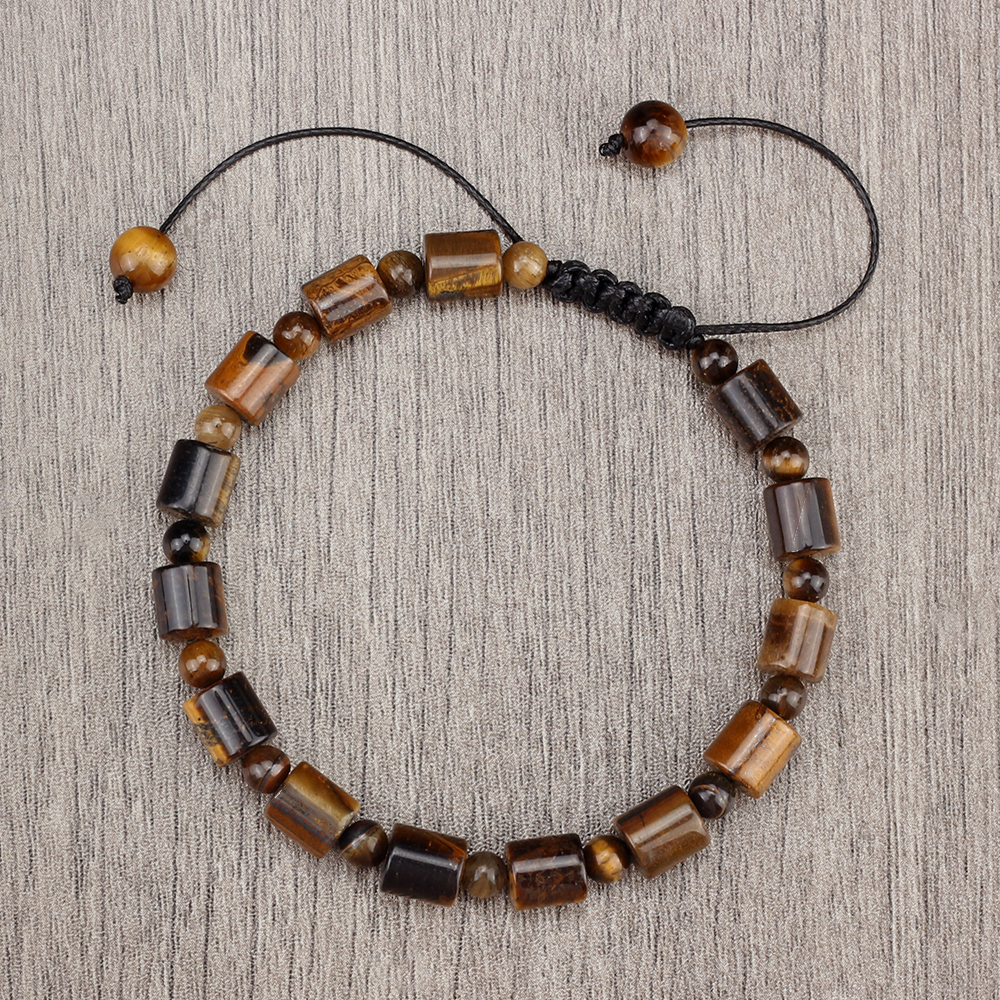 Men Cylindrical Tiger Eye Stone Bracelet, Nature Stripe Agate Beads, Reiki Healing Jewelry, Women Charm Pulsera