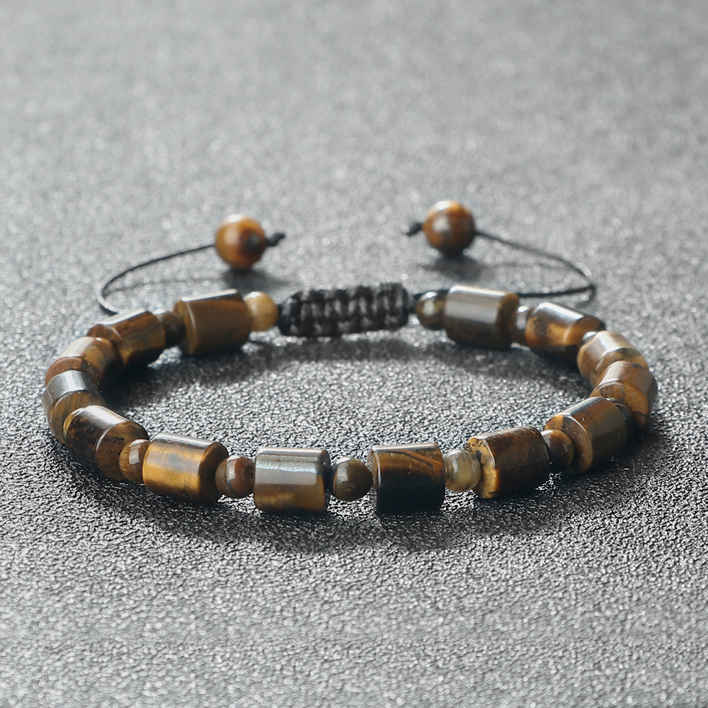 Men Cylindrical Tiger Eye Stone Bracelet, Nature Stripe Agate Beads, Reiki Healing Jewelry, Women Charm Pulsera