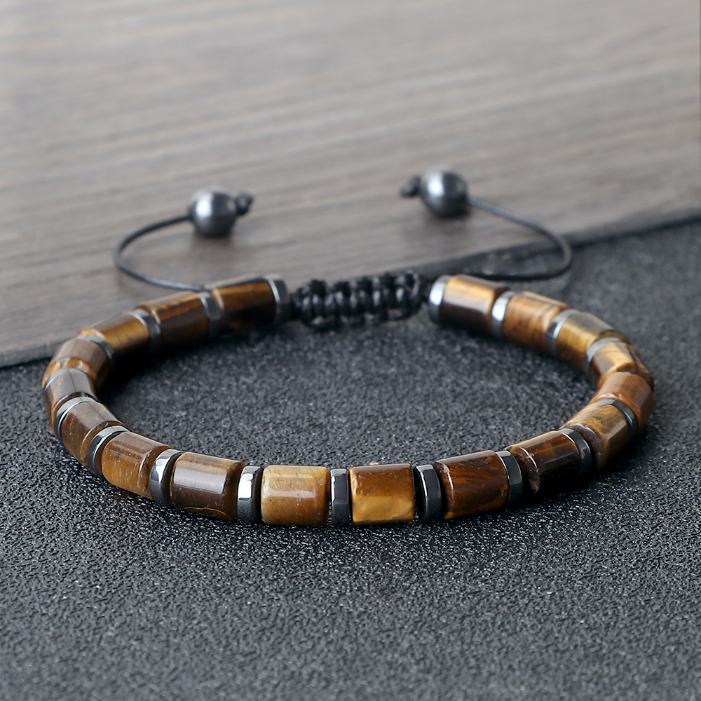 Men Cylindrical Tiger Eye Stone Bracelet, Nature Stripe Agate Beads, Reiki Healing Jewelry, Women Charm Pulsera