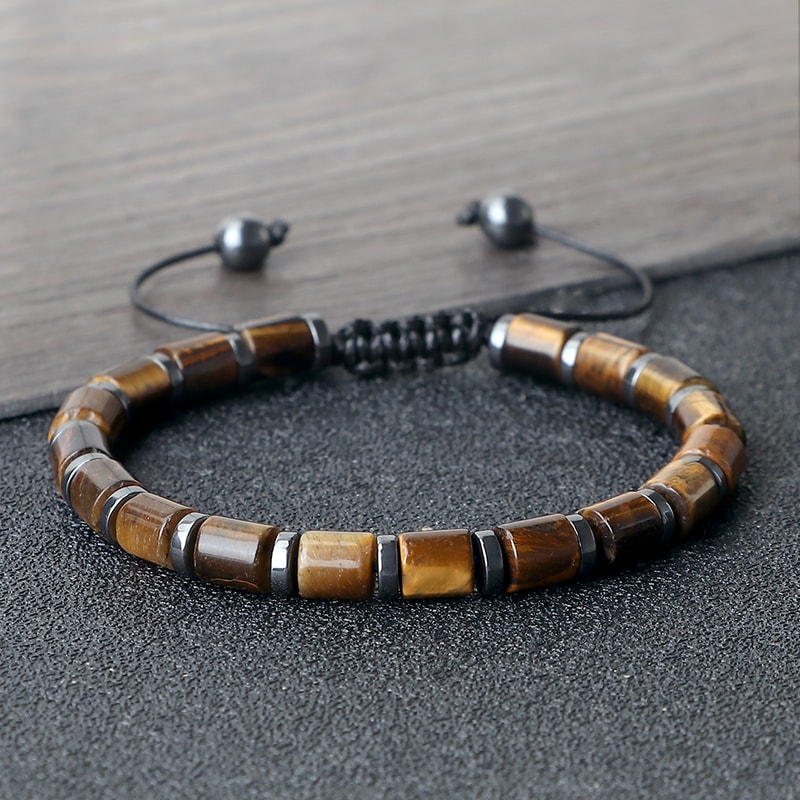 Men Cylindrical Tiger Eye Stone Bracelet, Nature Stripe Agate Beads, Reiki Healing Jewelry, Women Charm Pulsera
