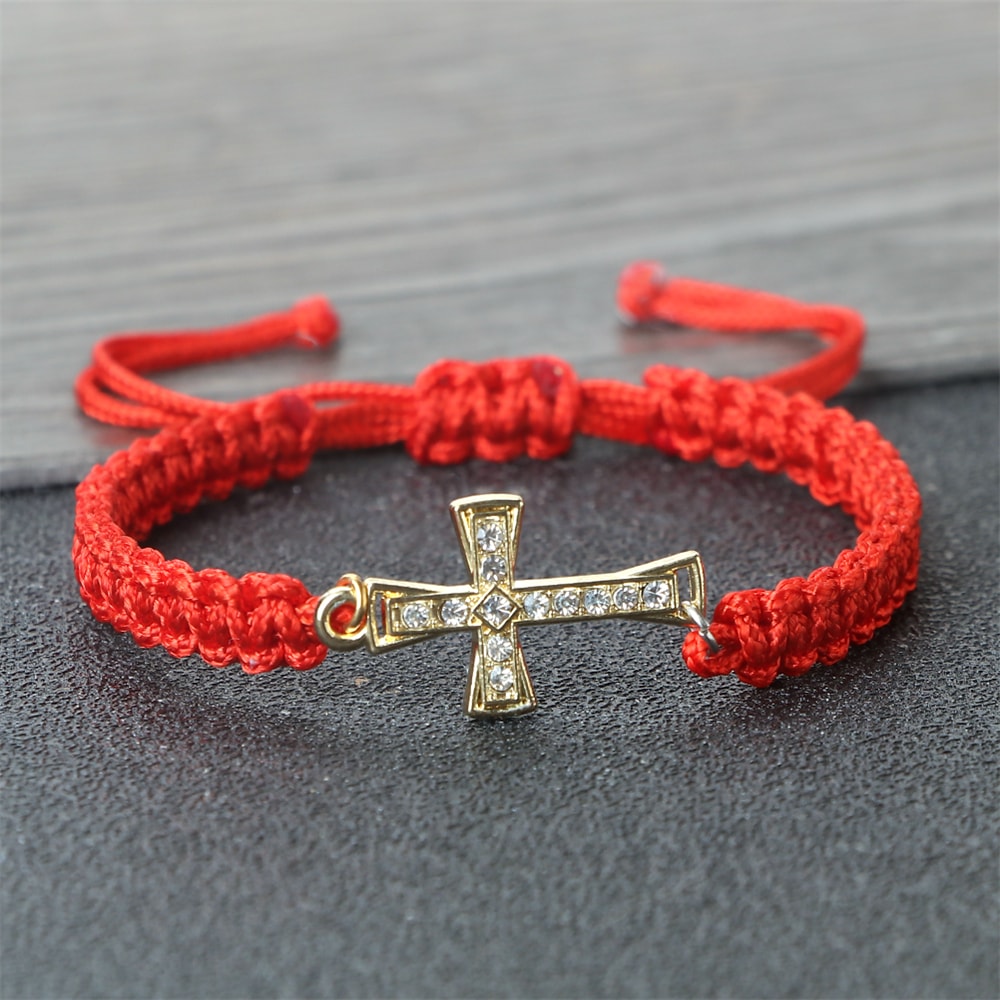 Men Crystal Cross Pendant Bracelet Adjustable Red Black Braided Friendship Jewelry For Women 2