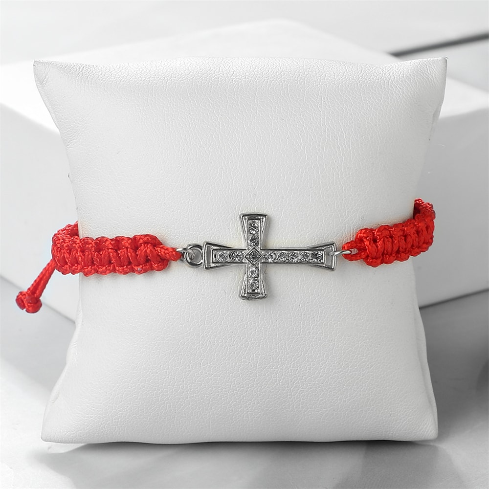 Men Crystal Cross Pendant Bracelet Adjustable Red Black Braided Friendship Jewelry For Women 4