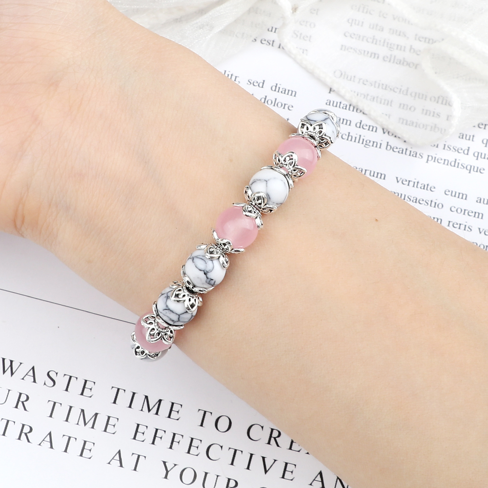 Natural Stone White Bracelet For Women Pink Quartz Onyx Agates Lava Beads Stretch Bangles 2