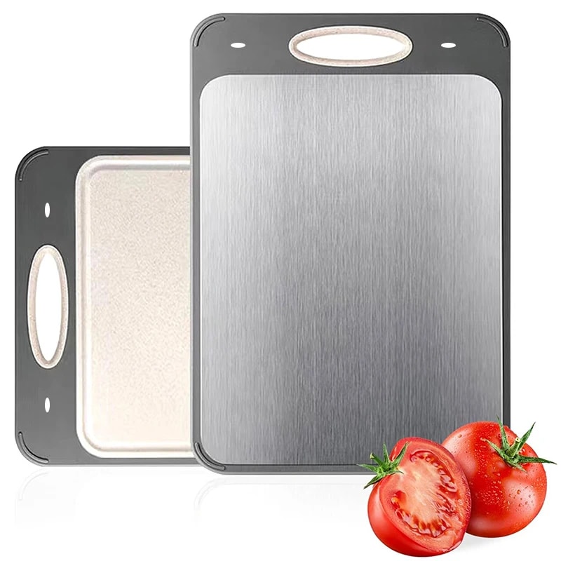 Stainless Steel Double-Sided Cutting Board for Meat, Vegetables, Fruits, Wheat Grass, Kitchen Easy Handle Board
