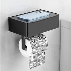 black multi-function bathroom storage rack, stainless steel paper holder with toilet roll and wipes dispenser