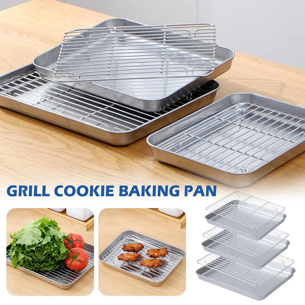 Stainless Steel Baking Pan Tray With Wire Rack For Cake BBQ And Oven Roasting 2
