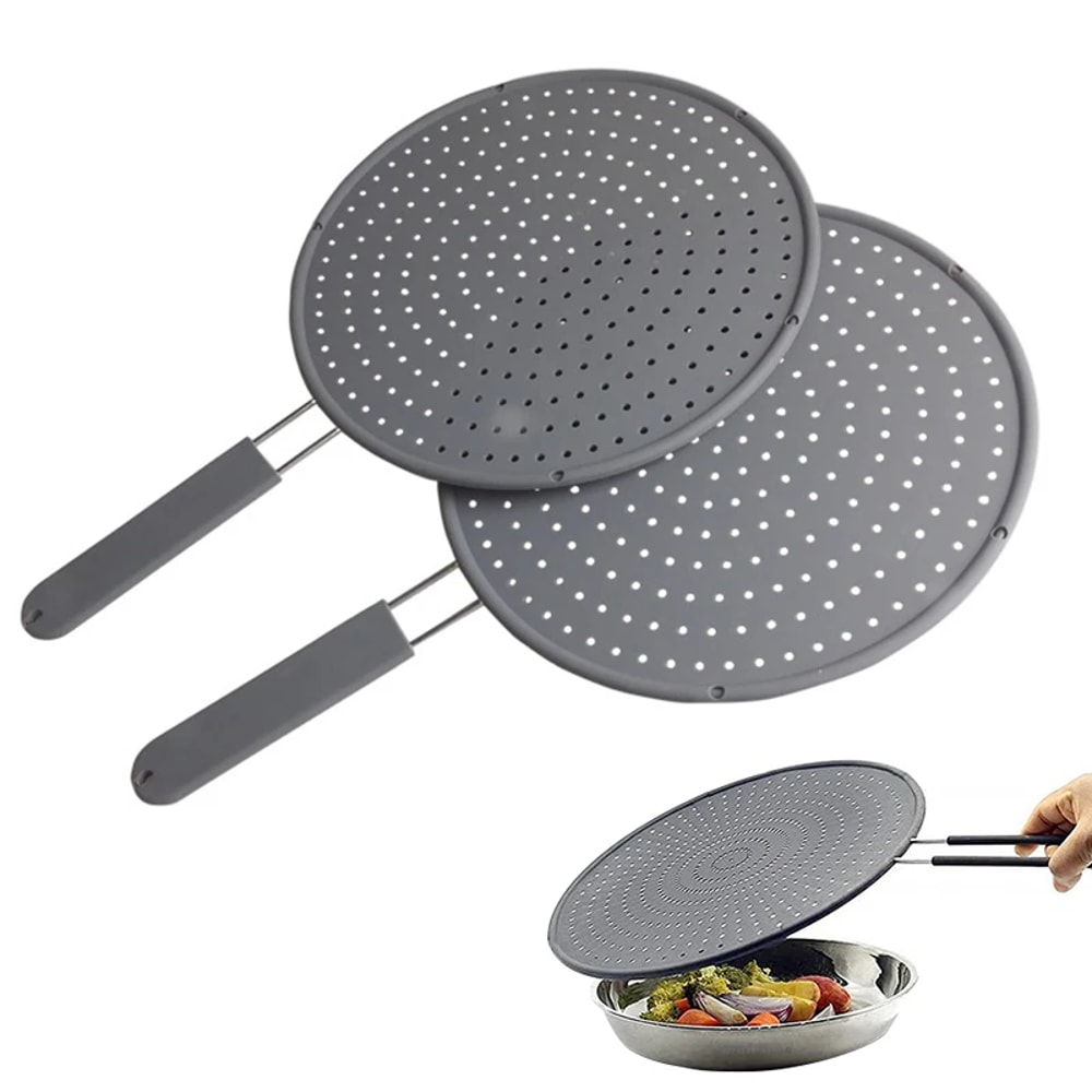 HeatResistant Silicone Kitchen Splatter Screen With Handle Oil Splash Guard Frying Pan Lid Cover 4