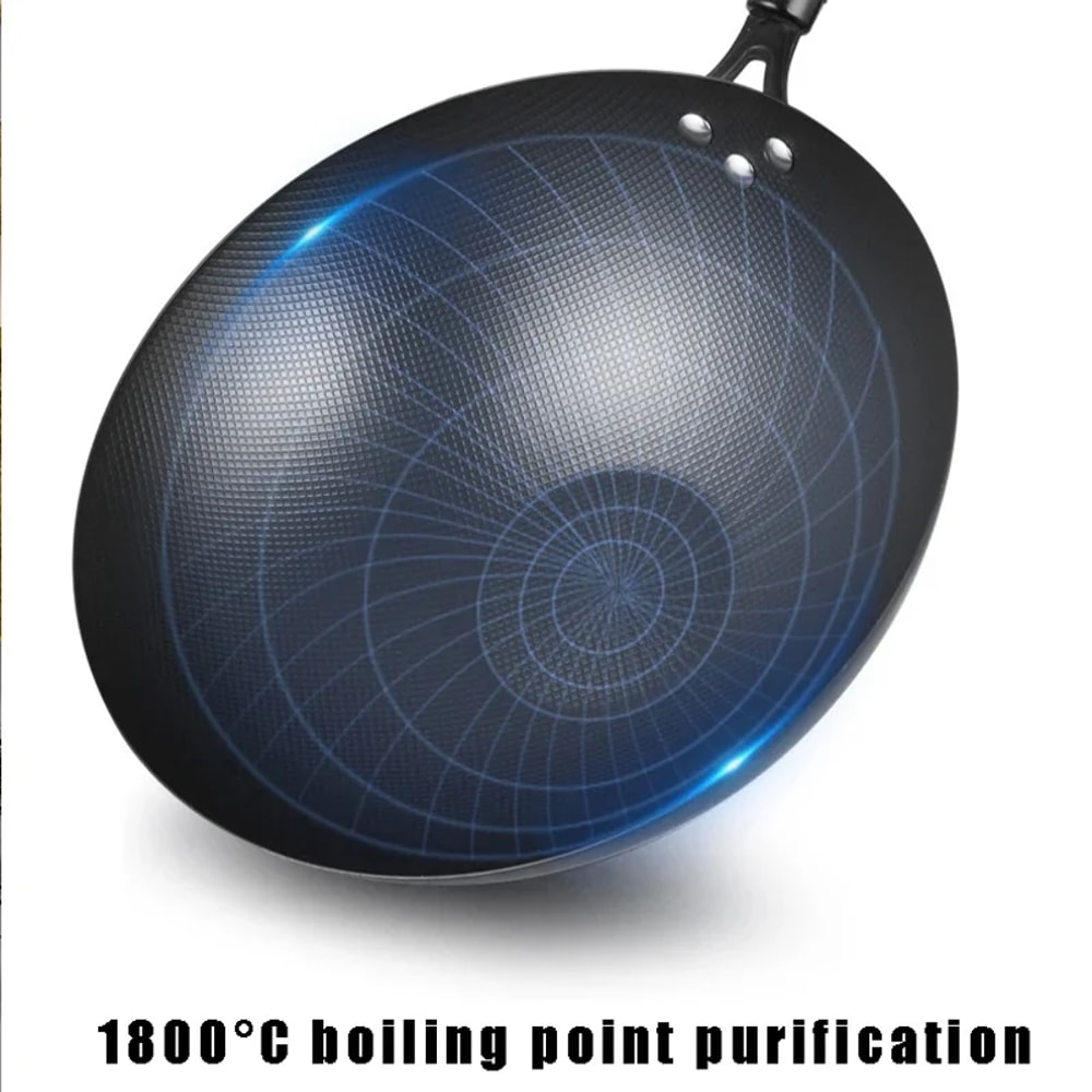 Iron Pot Wok Uncoated Non-stick Wear-resistant Kitchen Cookware with Wooden Handle