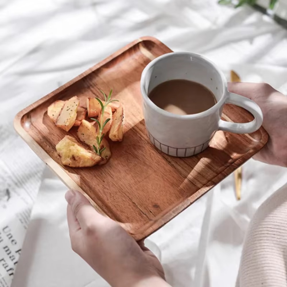 Natural Acacia Wood Coffee Tray Rectangular Plate For Serving Snacks Fruits Dessert And Tea 2