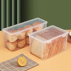 bread storage container, plastic bread box, reusable loaf cake bin, fresh bread refrigerator dispenser