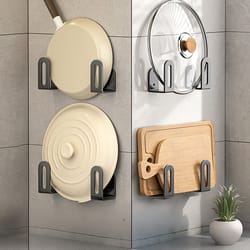 strong adhesive wall mounted kitchen organizer, right angle hook design, lid pan cutting board holder