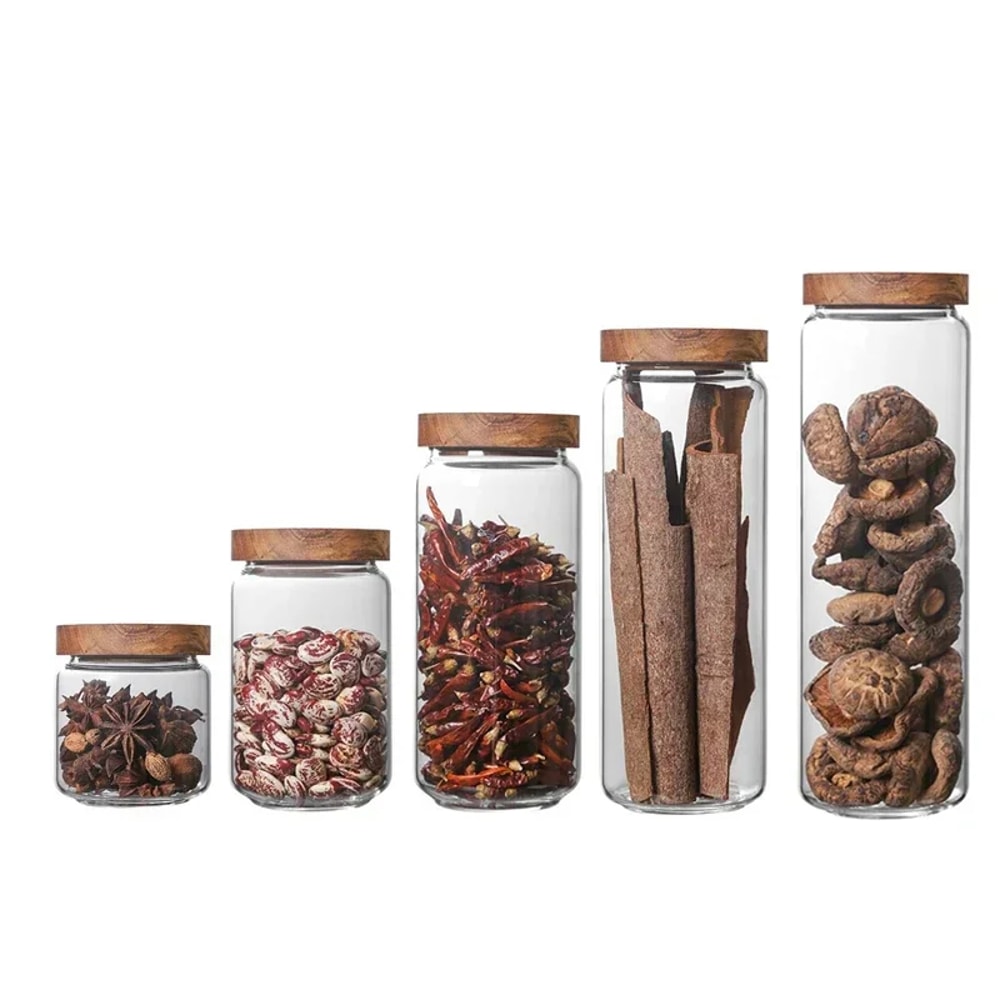 Wood Lid Organizer Glass Airtight Canister Kitchen Storage Jar Sealed Food Container Ginger Cereal 4