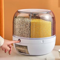 rotating grain dispenser, one-touch output storage container for rice, moisture-proof organizer