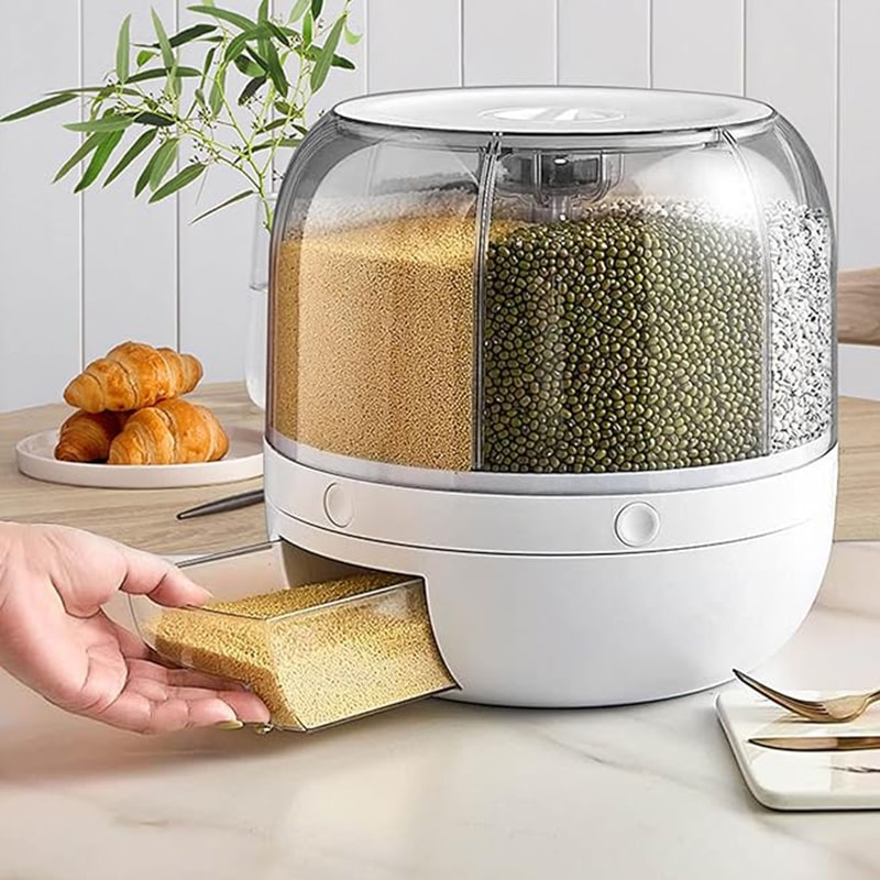 Rotating Grain Dispenser, One-Touch Output Storage Container for Rice, Moisture-Proof Organizer