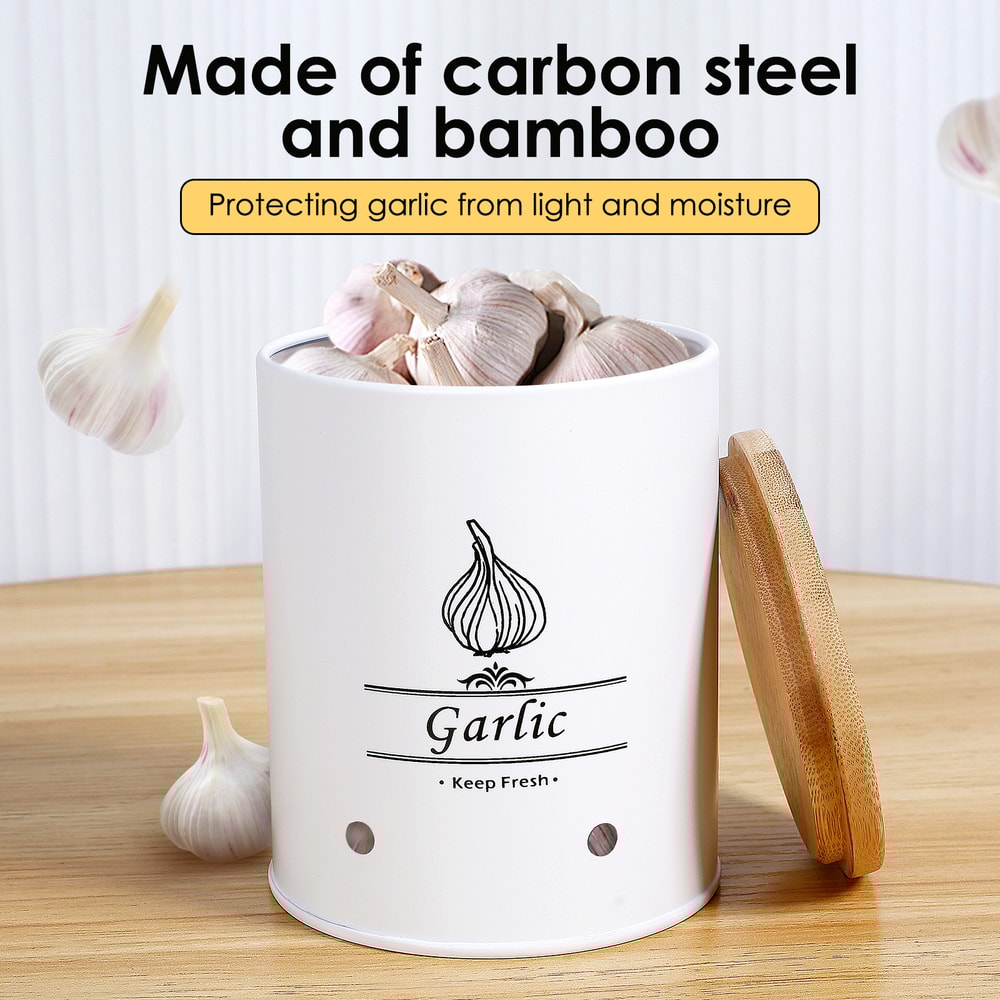 Garlic Keeper Storage Jar with Wood Lid, Versatile Onion and Potato Storage Box with Aerating Holes for Home Use