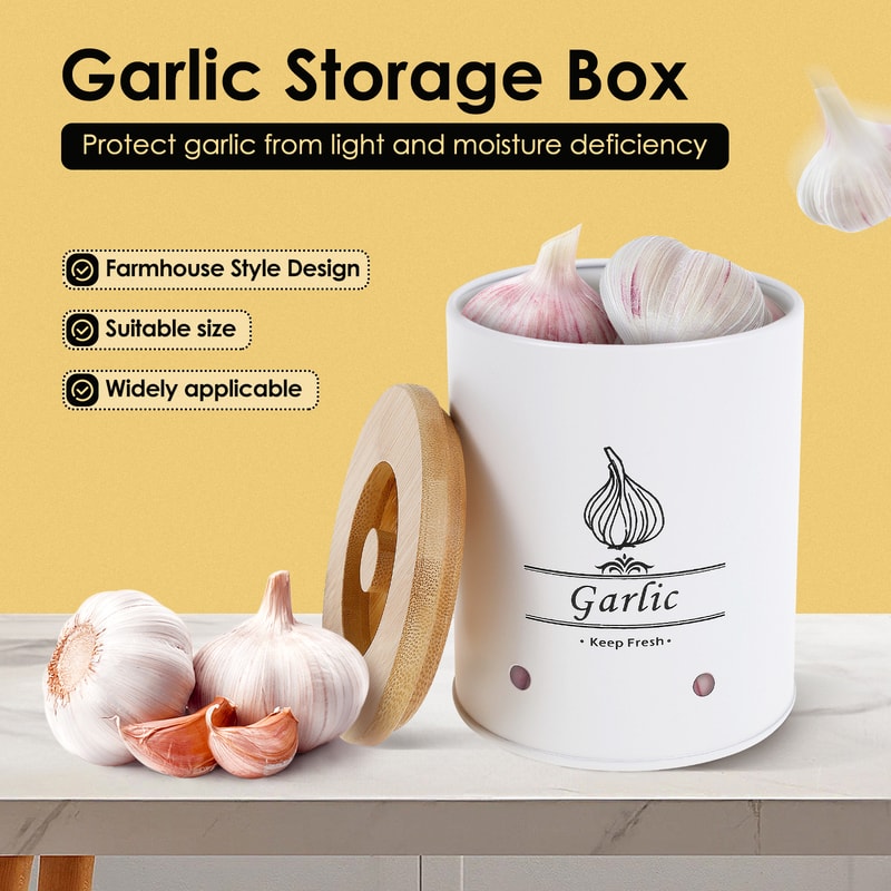 Garlic Keeper Storage Jar with Wood Lid, Versatile Onion and Potato Storage Box with Aerating Holes for Home Use