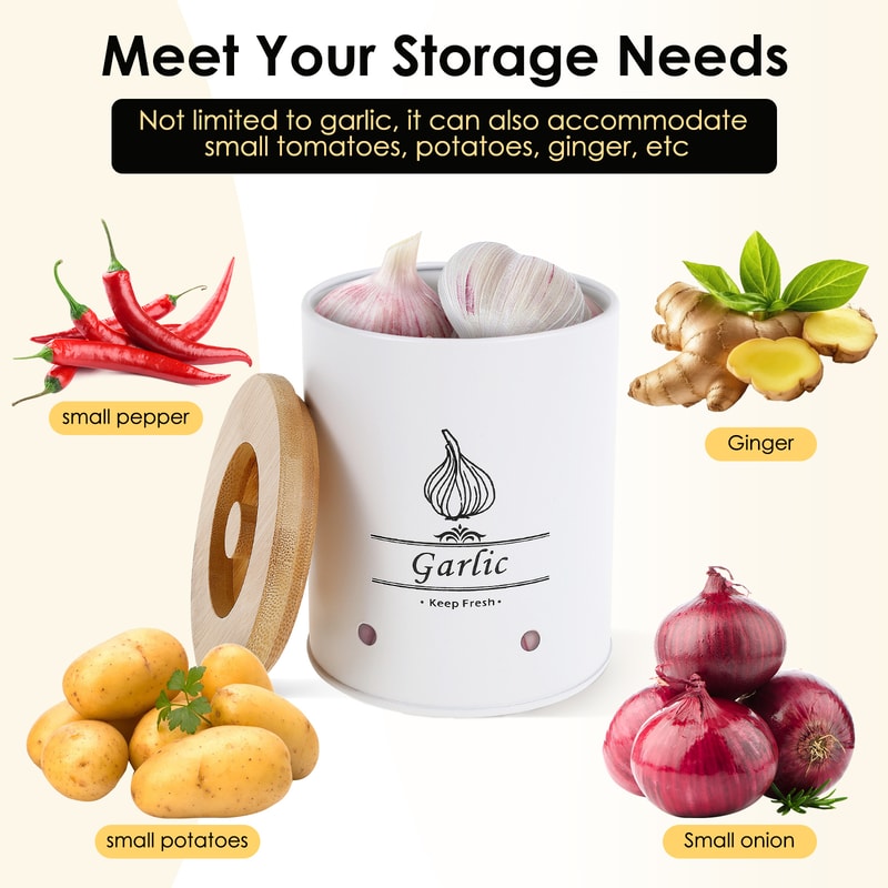 Garlic Keeper Storage Jar with Wood Lid, Versatile Onion and Potato Storage Box with Aerating Holes for Home Use