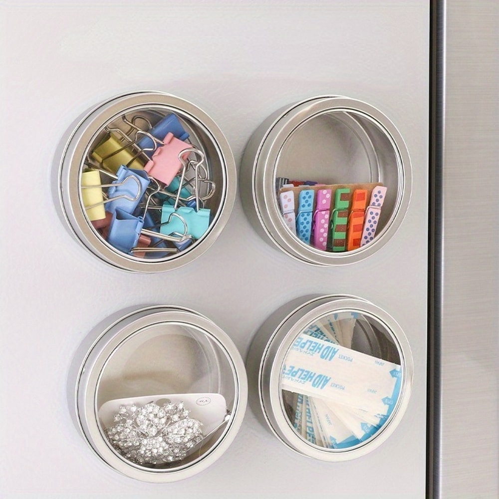Magnetic Fridge Organiser, Round Tin Box with Magnet, Kitchen Spice Storage Box, Home Office Organisers